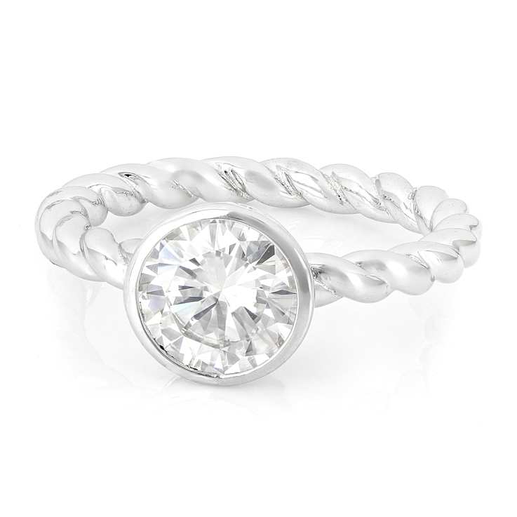 Bezel Set Moissanite Solitaire Ring With Rope Textured Band In
Platinum-Enhanced Sterling Silver