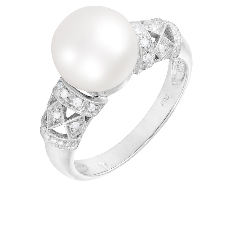 9-10mm White Cultured Freshwater Pearl 14K White Gold Ring