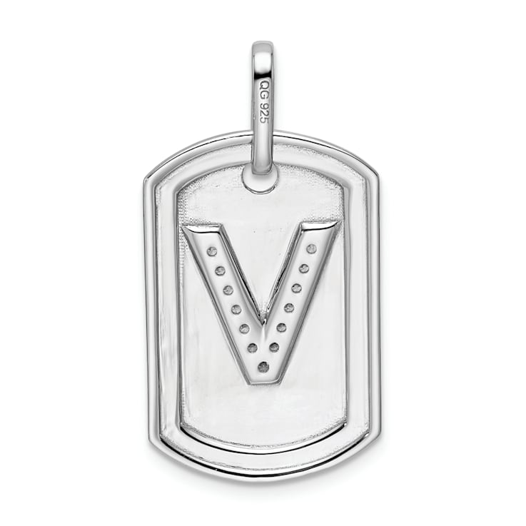 Rhodium Over 14k White Gold Diamond Initial V Dog Tag Charm