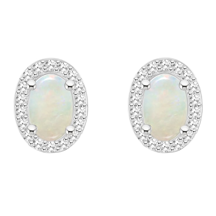 6x4mm Oval Opal 1/6 ctw Diamond Rhodium Over Sterling Silver Halo Stud Earrings