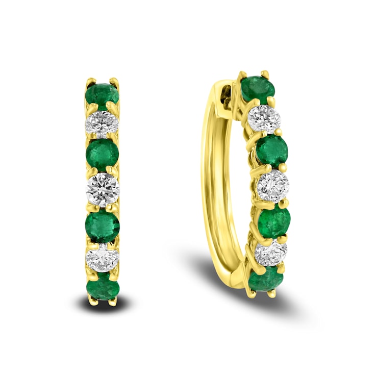 1.15ctw Emerald and Diamond Hoop Earrings in 14k Yellow Gold