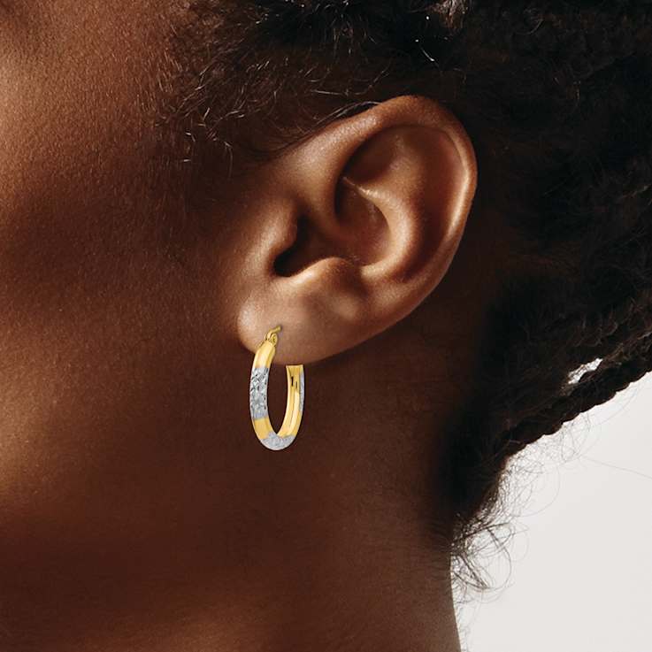 14k Yellow Gold and Rhodium Over 14k Yellow Gold Diamond-Cut 13/16"
Oval Hoop Earrings