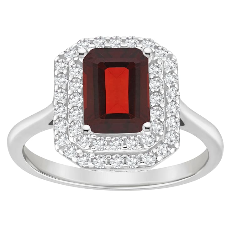 8x6mm Emerald Cut Garnet And White Topaz Accents Rhodium Over Sterling
Silver Double Halo Ring
