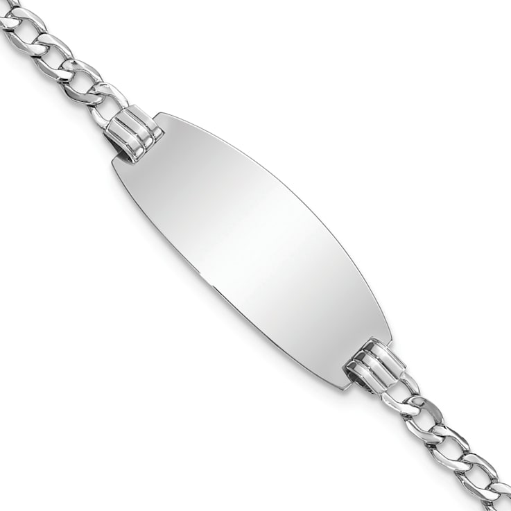 Rhodium Over 14k White Gold Semi-solid Oval Curb Link ID Bracelet