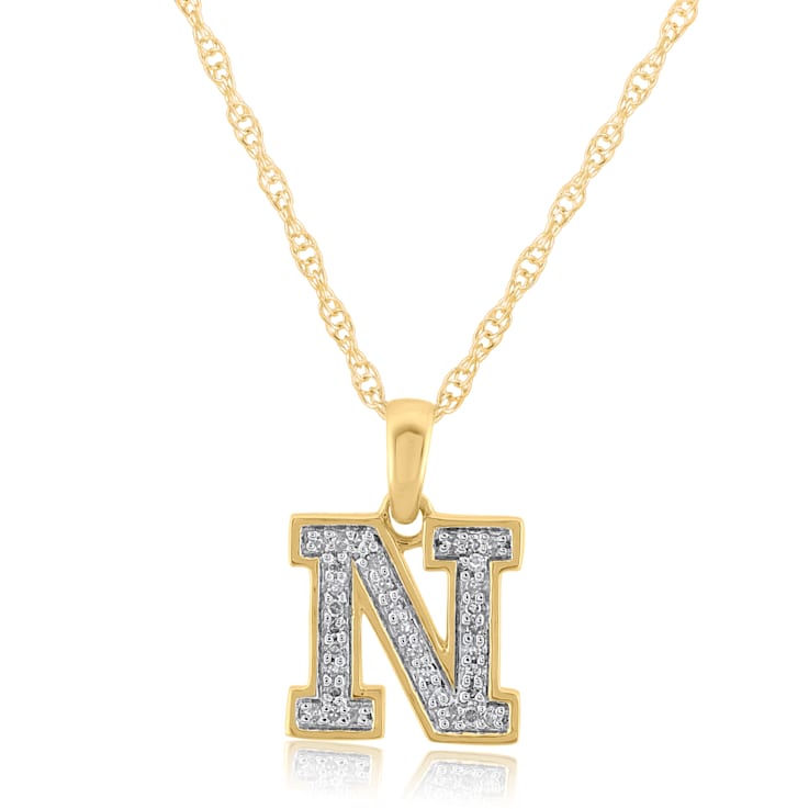 White Diamond Accent 10k Yellow Gold N Initial Pendant With 18” Rope Chain