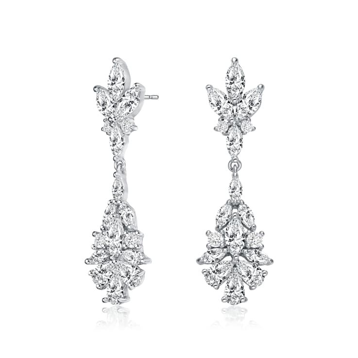 CZ Cluster Drop Earrings In Sterling Silver