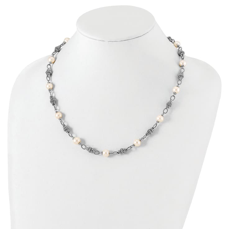 Sterling Silver Antiqued 8-8.5mm Freshwater Cultured Pearl 20 inch Necklace
