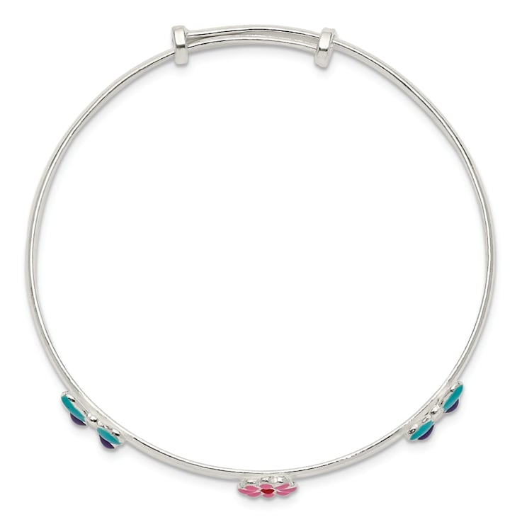 Sterling Silver Enamel Flower and Butterfly Adjustable Children's Bangle