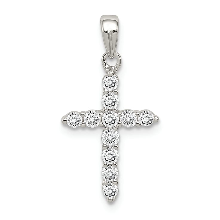 Rhodium Over Sterling Silver Cubic Zirconia Cross Pendant