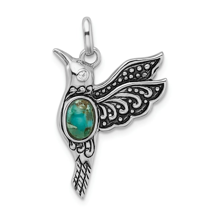 Rhodium Over Sterling Silver Oxidized Turquoise and Cubic Zirconia
Hummingbird Pendant