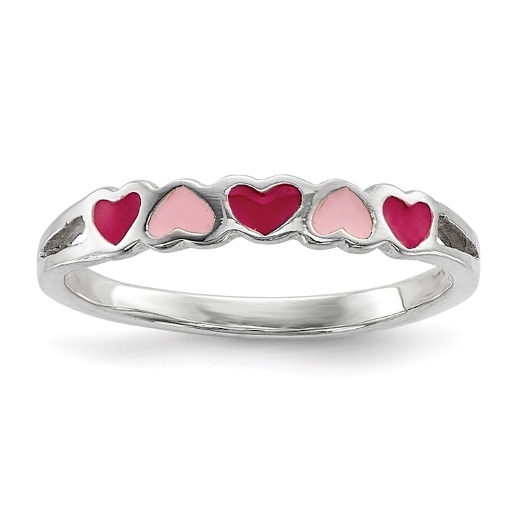 Rhodium Over Sterling Silver Children's Enameled Hearts Ring