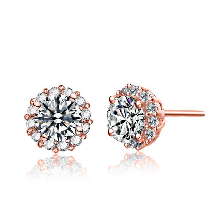 CZ Halo Stud Earrings In 18K Rose Gold Over Bronze