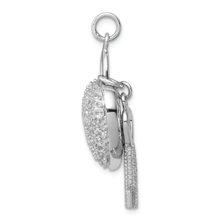 Rhodium Over Sterling Silver Cubic Zirconia Heart Lock and Key Pendant