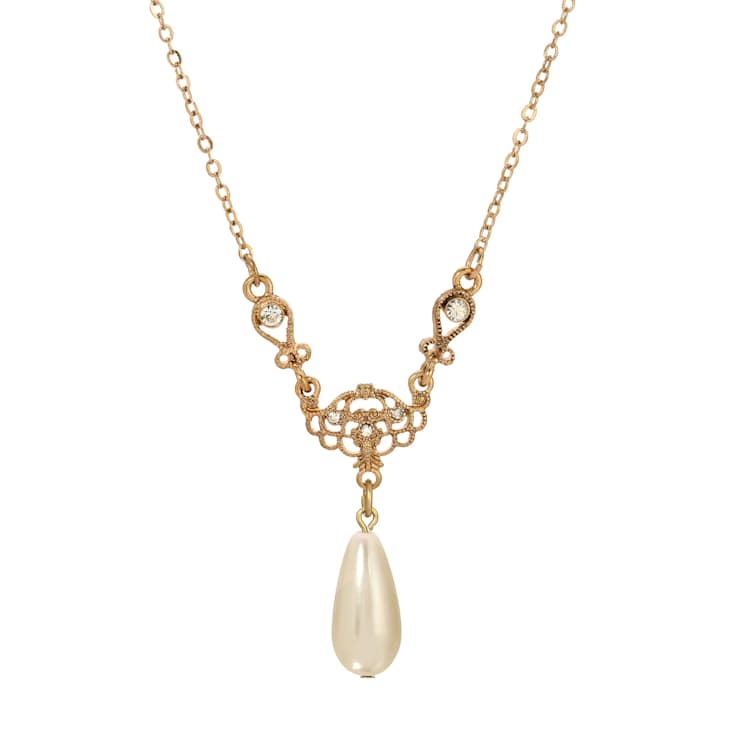 Yellow Base Metal Crystal Faux Pearl Drop Y-Necklace 16" Adj.