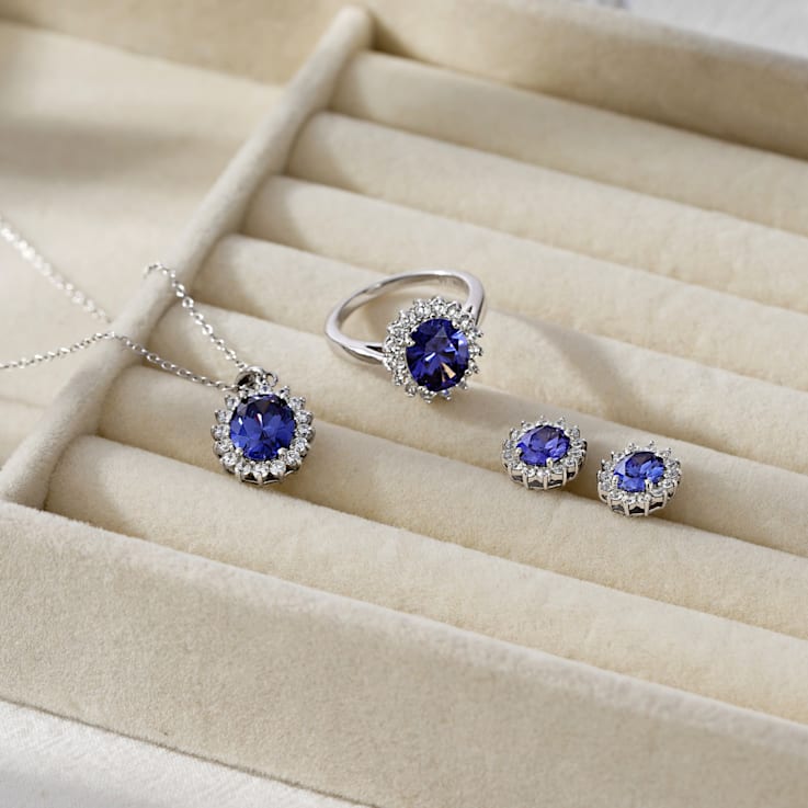 Blue And White Cubic Zirconia Platinum Over Sterling Silver Jewelry Set 10.02ctw