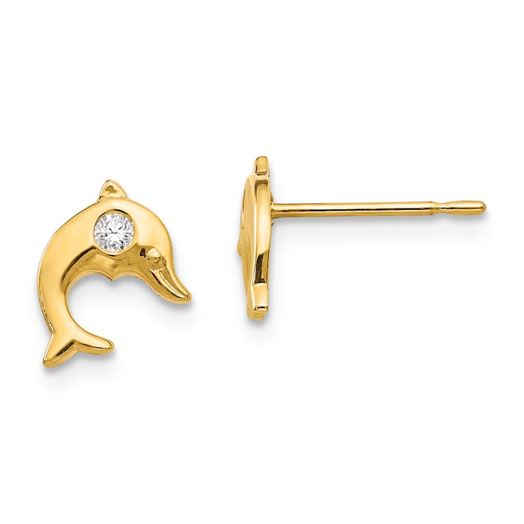14k Yellow Gold Children's Cubic Zirconia Dolphin Stud Earrings