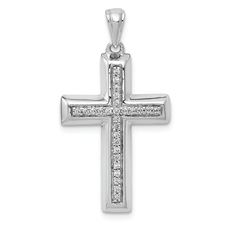 Rhodium Over 14K White Gold Large 1/10ct. Diamond Cross Pendant