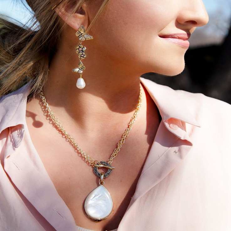 Barse Jewelry Freshwater Pearl With Rhodonite Gold Tone Butterfly Dangle Earrings