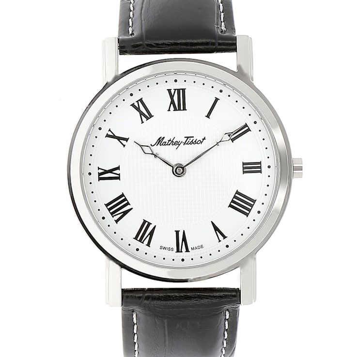 Mathey-Tissot Men's 42mm City White Dial And Bezel, Black Leather Strap Watch