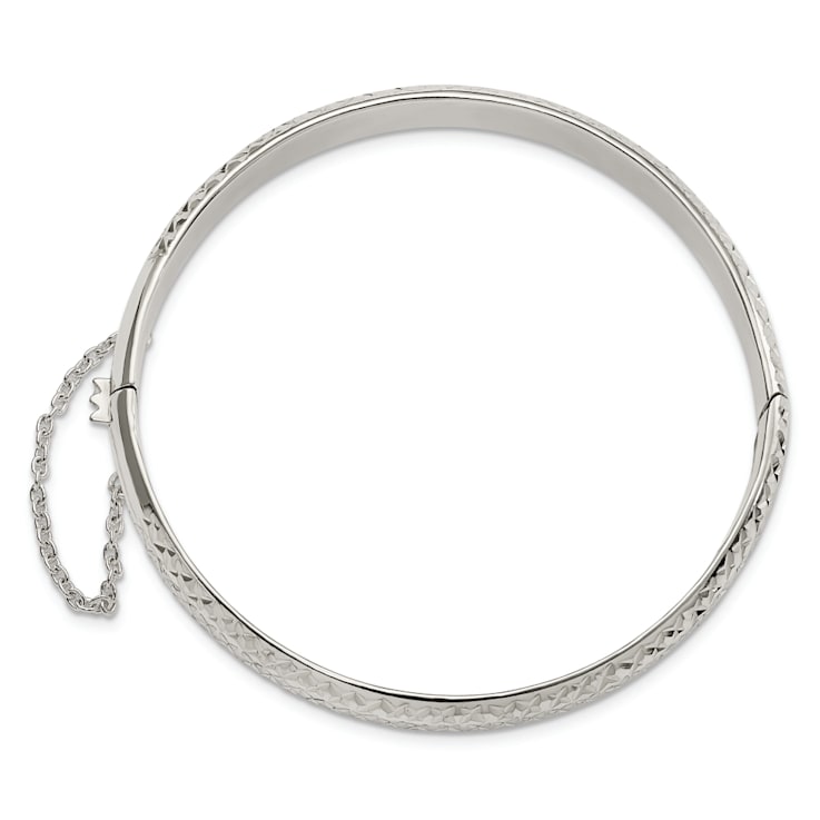 Rhodium Over Sterling Silver Polished and Diamond-cut 7.00mm Hinged Bangle