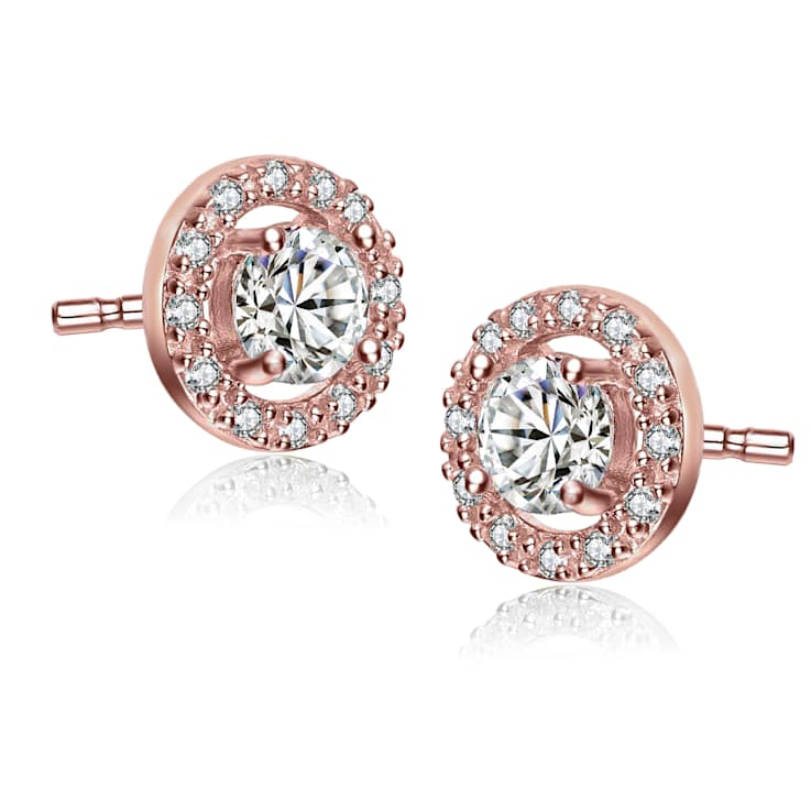 CZ Halo Stud Earrings In 18K Rose Gold Over Bronze