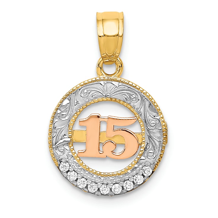 14k Yellow and Rose Gold with Rhodium over 14k Yellow Gold Textured
Cubic Zirconia 15 Pendant