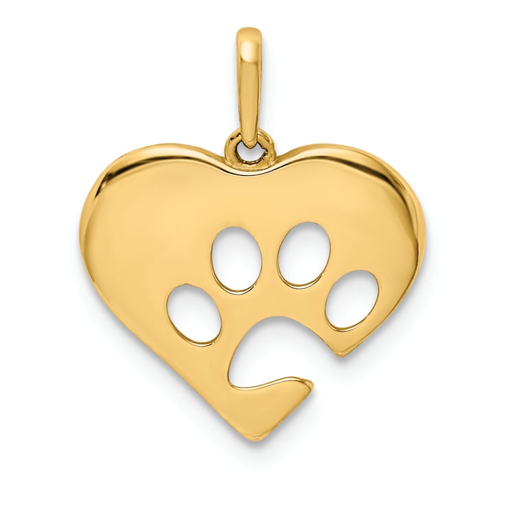 14K Yellow Gold Polished Heart with Paw Print Pendant