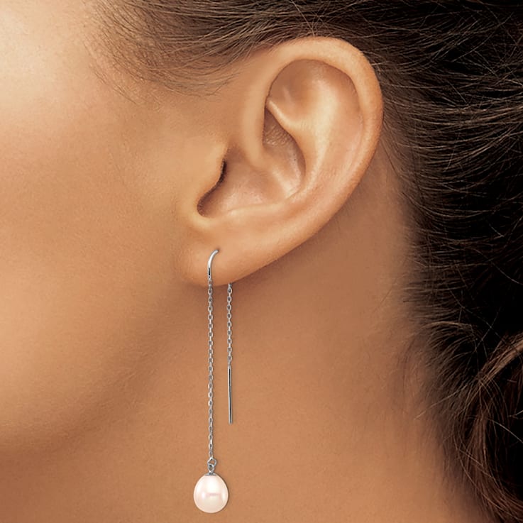 Rhodium Over 14K White Gold 7-8mm White Teardrop Freshwater Cultured
Pearl Threader Earrings