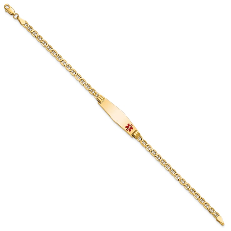 14k Yellow Gold Medical Soft Diamond Shape Red Enamel Mariner ID Bracelet
