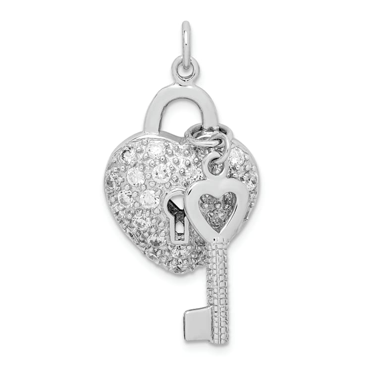 Rhodium Over Sterling Silver Cubic Zirconia Heart Lock and Key Pendant