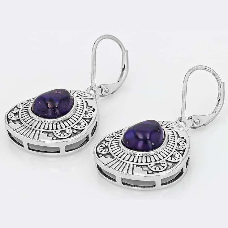 Purple Turquoise Artisan Inspired Sterling Silver Dangle Earrings 9x8mm