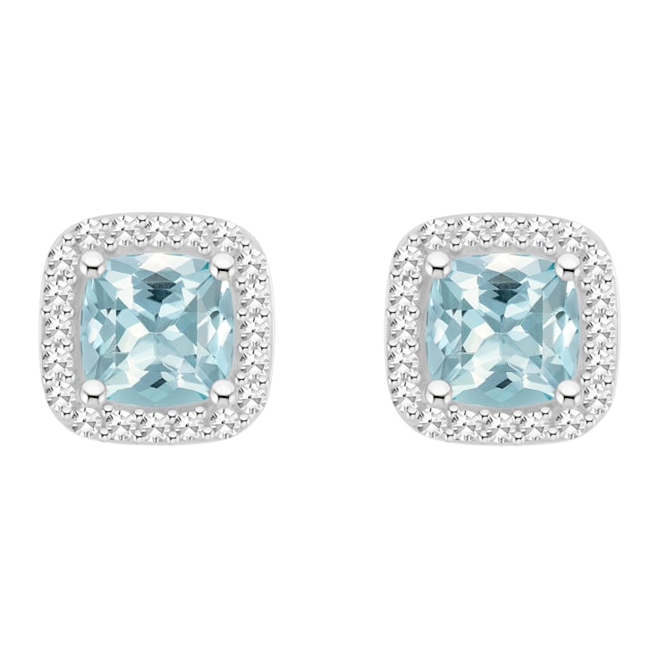 5mm Cushion Aquamarine 1/5 ctw Diamond Rhodium Over Sterling Silver Halo
Stud Earrings