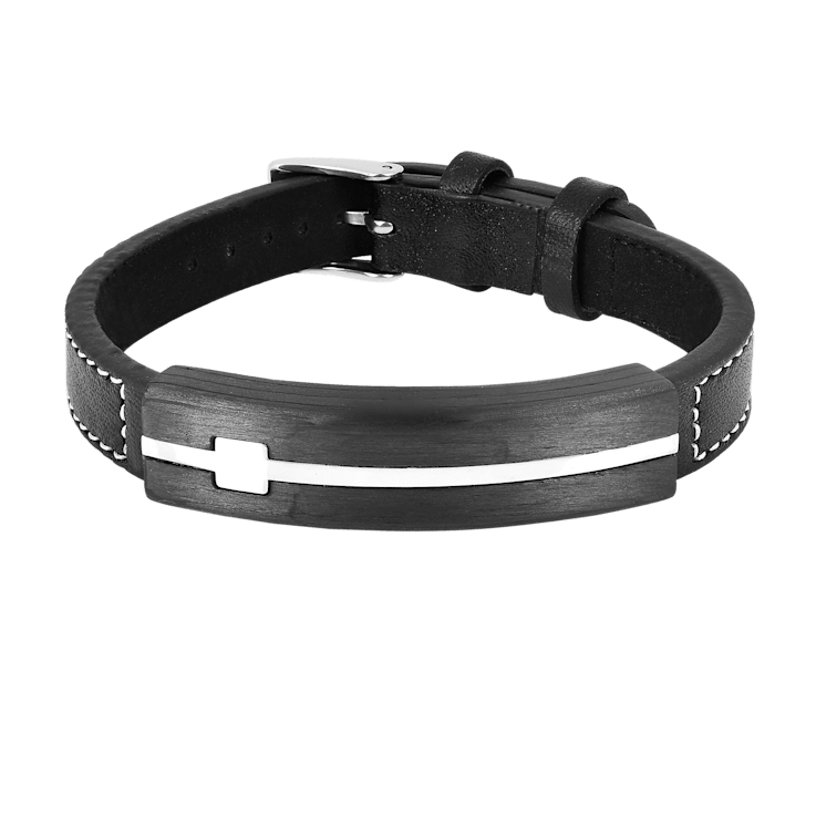 Mens Black Leather and Stainless Steel Cross Bracelet