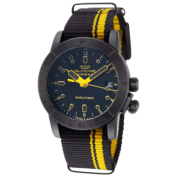 Glycine Men s Airman Worldtimer 42mm Quartz Black and Yellow Nylon