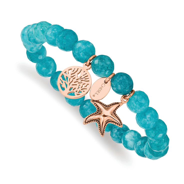 Rose Stainless Steel Antiqued and Polished Starfish Aqua Dyed Jade Bracelet