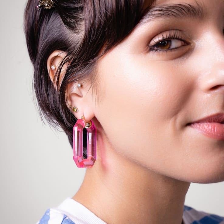 14K Yellow Gold Over Sterling Silver Acrylic Hoops in Pink