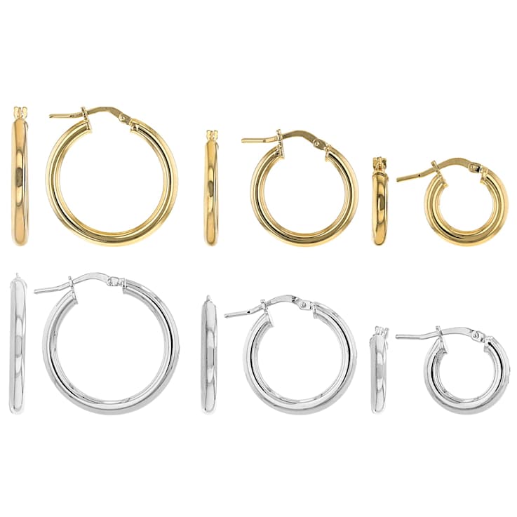 Set Of 6 Hoop Earrings In 18K Gold Over Bronze and Rhodium Over Bronze