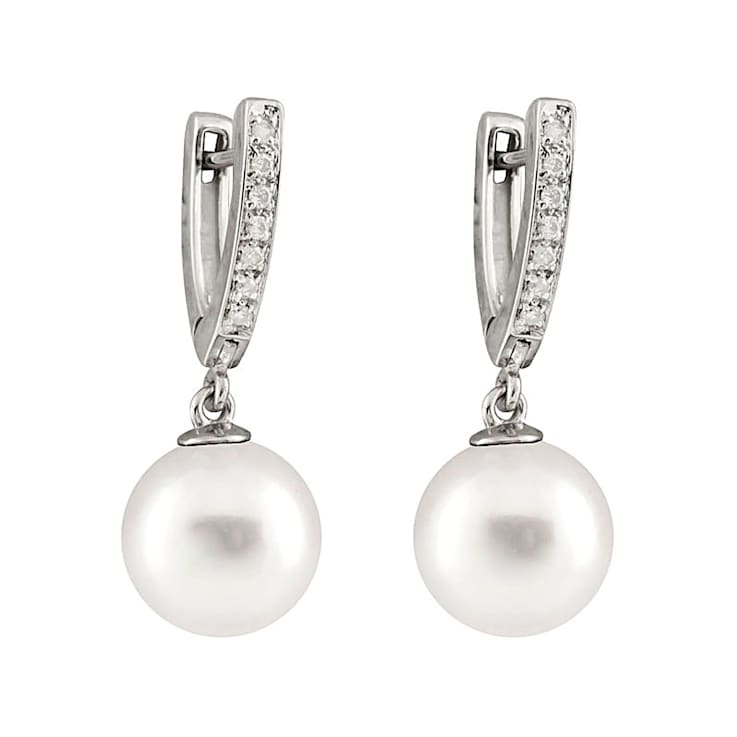 10-10.5mm White Cultured South Sea Pearl With Diamond 14k White Gold Earrings