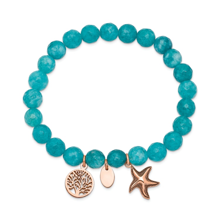 Rose Stainless Steel Antiqued and Polished Starfish Aqua Dyed Jade Bracelet