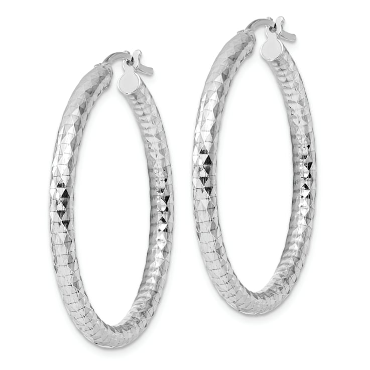 Rhodium Over Sterling Silver 3.00mm Diamond-cut Hoop Earrings