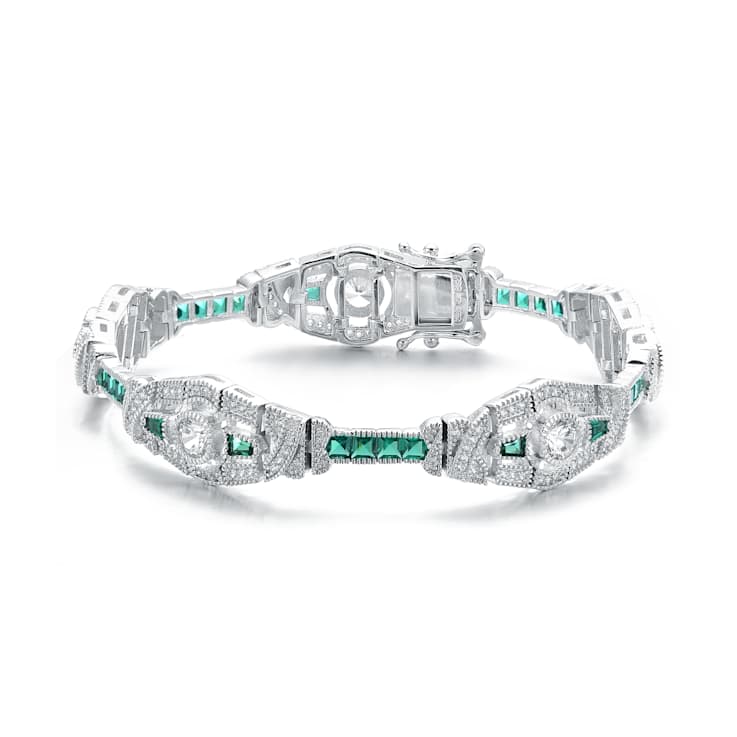 Emerald Color CZ Station Bracelet In Sterling Silver 5.03ctw
