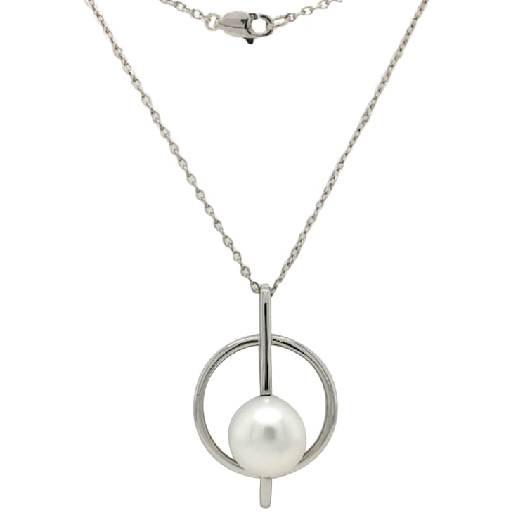 11-11.5mm Button White Freshwater Pearl Sterling Silver Pendant with Chain