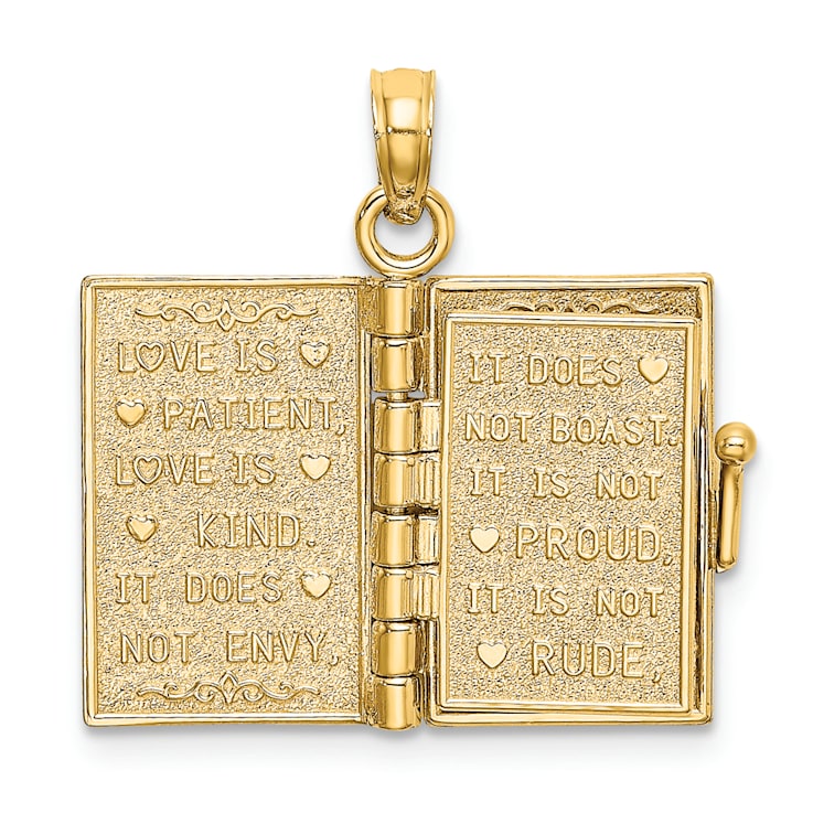 14k Yellow Gold 3D Moveable Brushed and Textured LOVE Book Pendant with
Enameled Flower