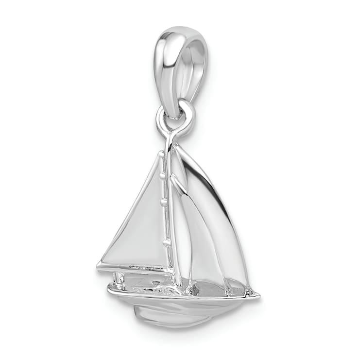 Rhodium Over Sterling Silver Polished 3D Sailboat Pendant