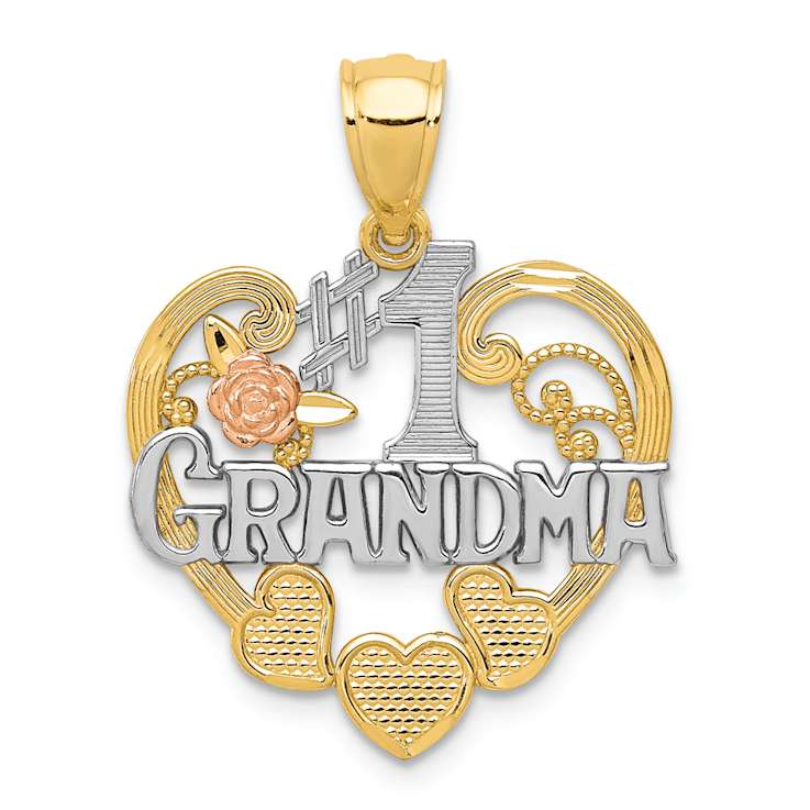 14K Tri-color Gold Textured and Diamond-Cut #1 Grandma in Heart Pendant