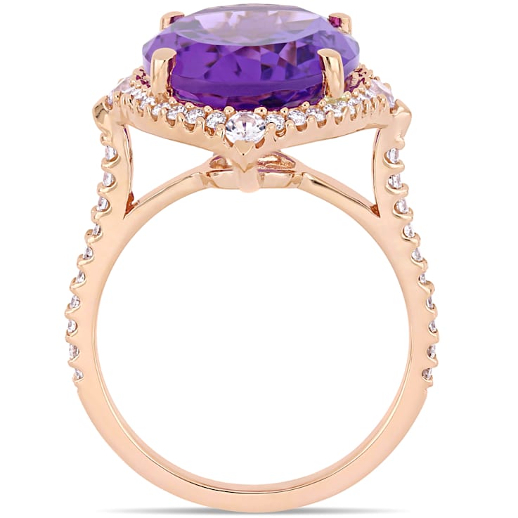 Amethyst, White Sapphire and Diamond 14K Rose Gold Cocktail Ring 8.53ctw