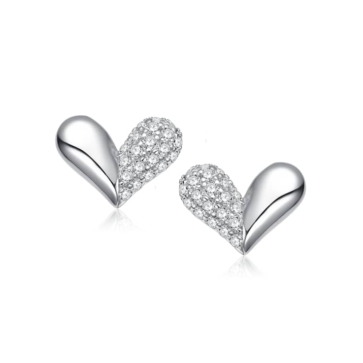 Pave CZ Heart Stud Earrings In White Gold Over Sterling Silver