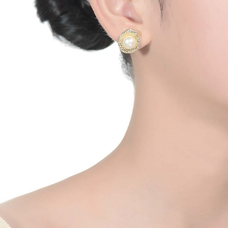 Pear Shape Pearl Hammered Stud Earrings In 14K Gold Over Sterling Silver