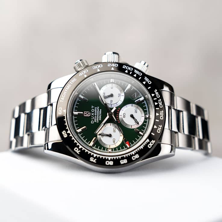 Duxot Accelero Green Dial Black Bezel White Stainless Steel Band
Chronograph Watch