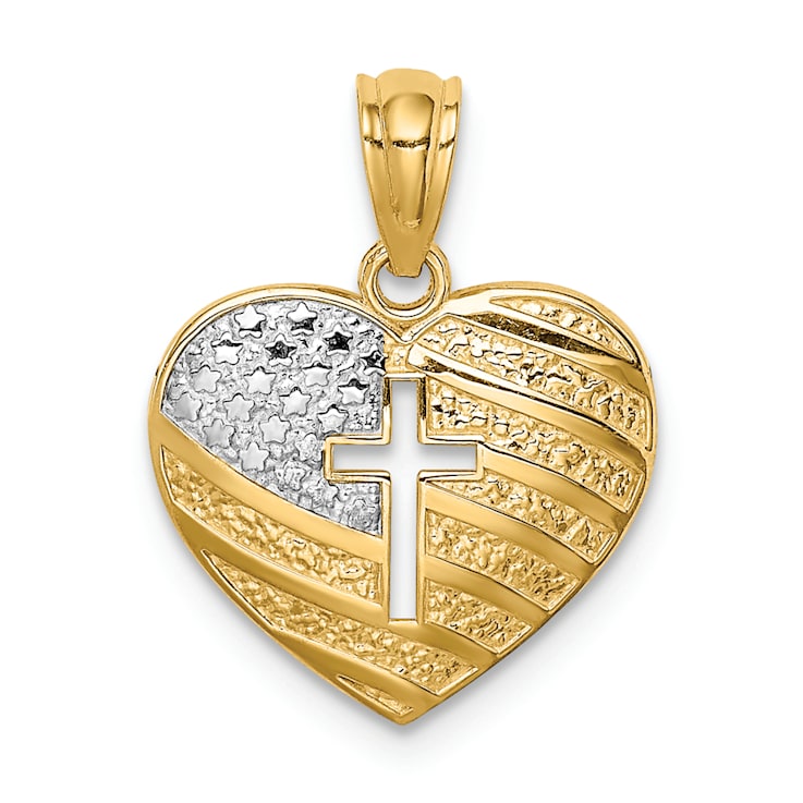 Rhodium Over 14K Two-tone Gold with Rhodium US Flag With Cross Heart Pendant
